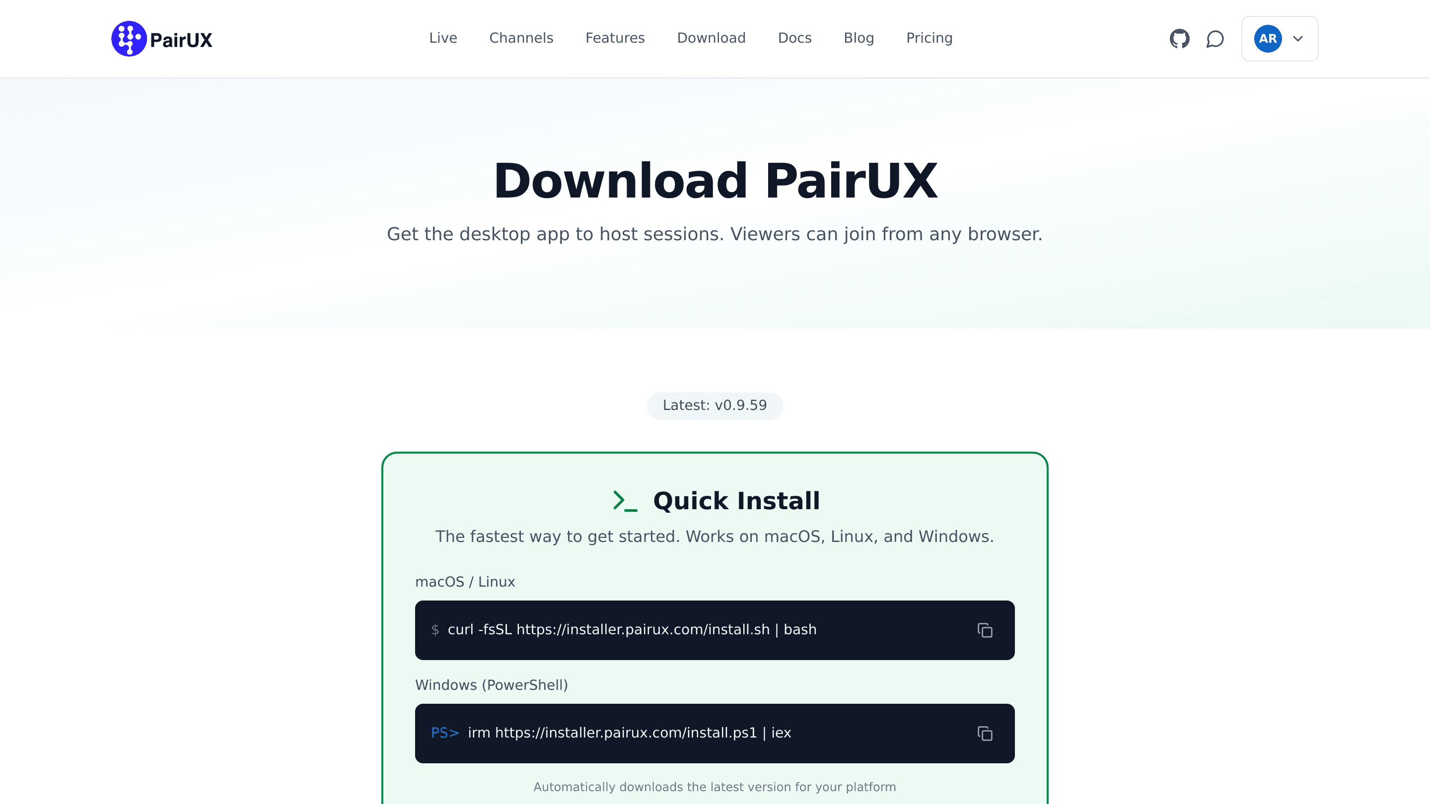 The PairUX download page listing one-line installers plus DMG, EXE, AppImage, DEB and RPM builds for macOS, Windows and Linux.