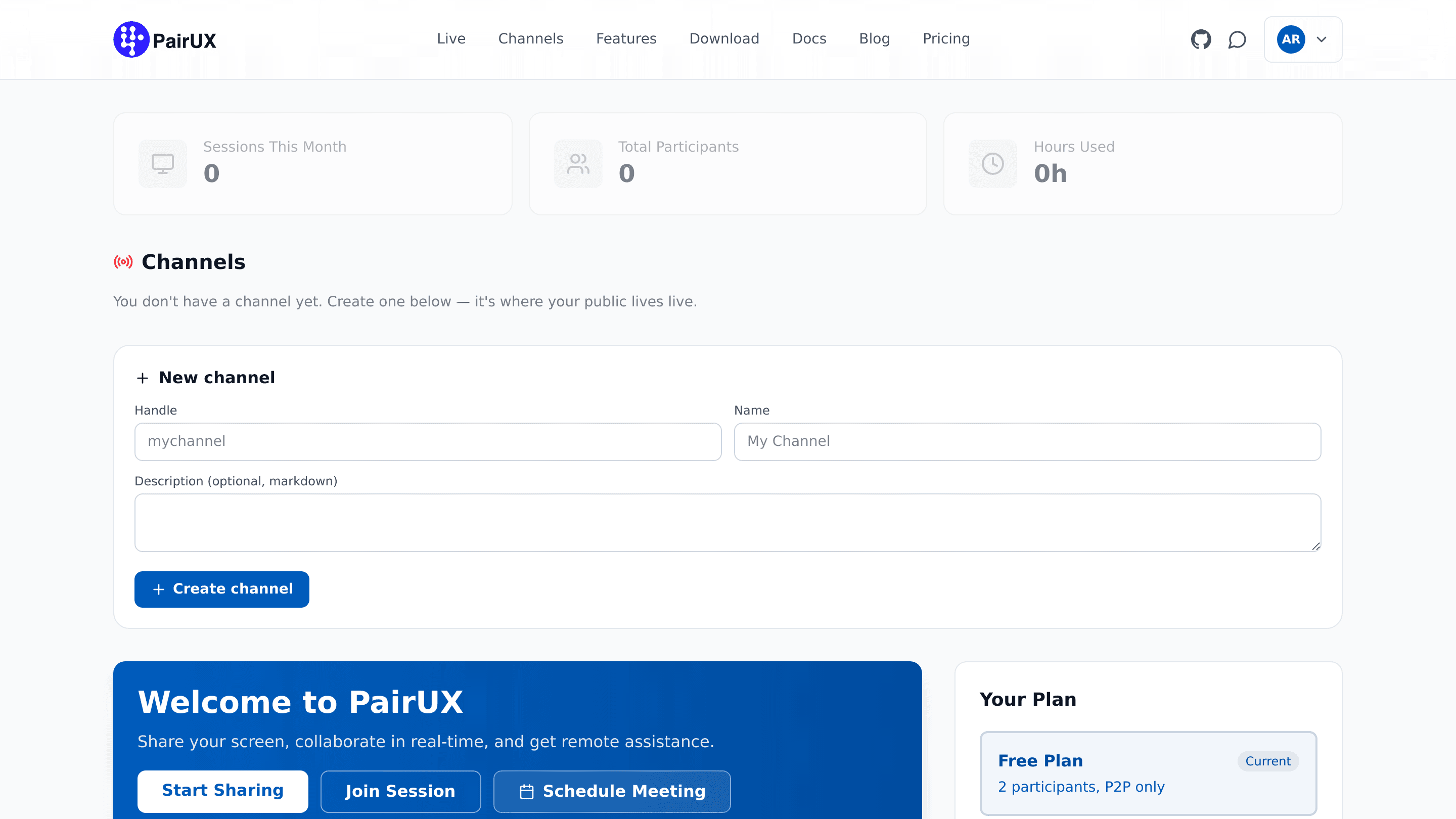 The PairUX dashboard, showing session stats, channels, quick actions to start or join a session, and the current plan.